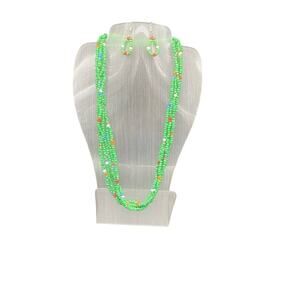 Handcrafted Beaded Green Maasai Multi Strand Necklace & Earrings-New